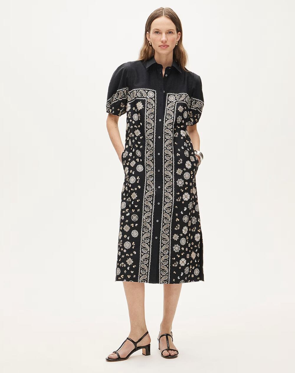 J. CREW Midi Shirt Dress Bandana Print Cotton Poplin Black Sz 8P NWT $228 {JJ37}